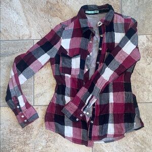 Maurices Plaid Button-Down Shirt in Burgundy, Black & White